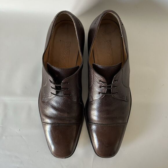 Salvatore Ferragamo Brown Leather Cap Toe Derby Shoes Men\'s Size 9 D Italy